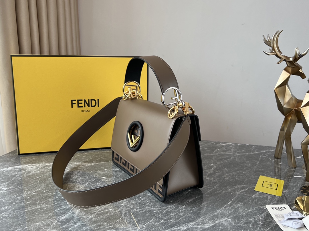 Fendi Medium Kan I F Shoulder Bag Leather with Zucca Embossed Detail Brown/Black